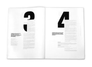 Uppslag med svart geometrisk typografi och asymmetriska textblock