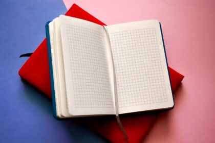 Öppen rutad anteckningsbok ovanpå ett rött omslag